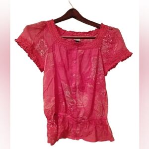 pink paisley print shirt size medium short sleeve button down top Sonoma
